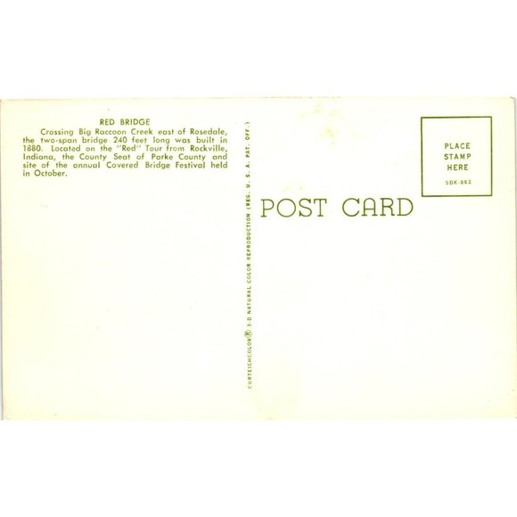 Red Covered Bridge Postcard Travel Souvenir Unposted Raccoon Creek Indiana - Picture 2 of 2